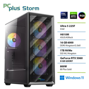 PCPLUS Storm Core Ultra 5 225F | 16GB | 1TB | RTX 5060 8GB | W11H | Gaming Namizni Računalnik