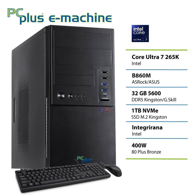 Pcplus e-machine | ultra 7 265k | 32gb | 1tb | namizni računalnik + tipkovnica & miška 1 Pcplus e-machine core ultra 7 265k 32gb 1tb ssd tipkovnica miška namizni računalnik komponentko