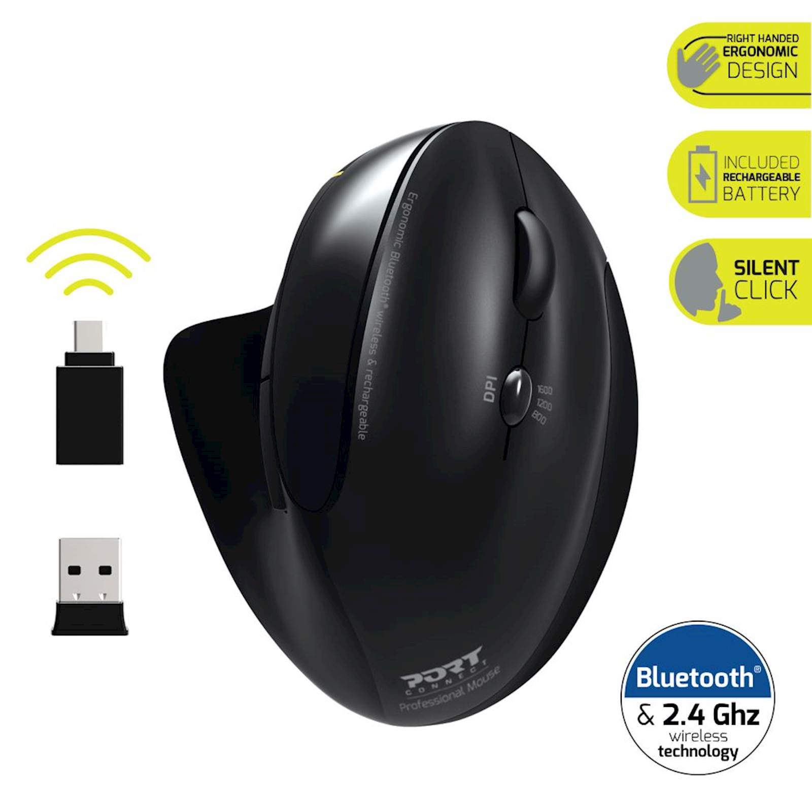 Port connect 900706-bt | ergonomska polnilna brezžična miška | bluetooth in 2. 4 ghz | usb-a in usb-c | 1600 dpi | črna miška 2 Port connect 900706-bt | ergonomska polnilna brezžična miška | bluetooth in 2. 4 ghz | usb-a in usb-c | 1600 dpi | črna miška