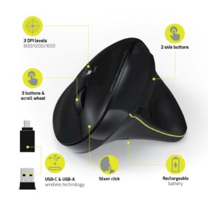 PORT Connect 900706-BT | WL + BT | Polnilna | Ergonomska Vertikalna | USB-A + USB-C | Črna Miška