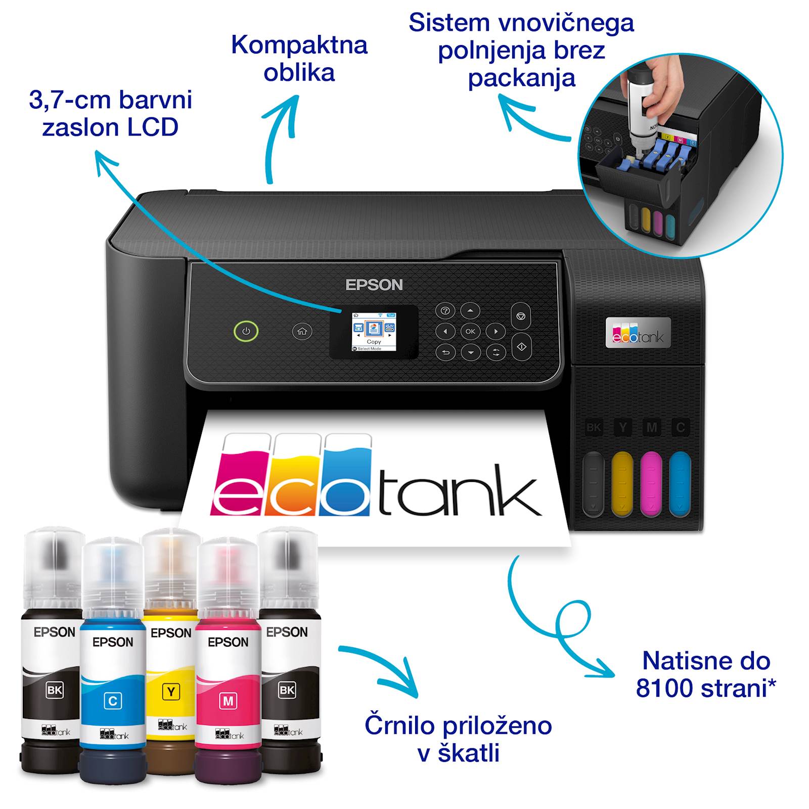 Epson ecotank l3280 | wi-fi | wi-fi direct | barvni lcd | print scan copy | do 8100 čb in 6500 barvnih strani | večfunkcijska brizgalna naprava 2 Epson ecotank l3280 | wi-fi | wi-fi direct | barvni lcd | print scan copy | do 8100 čb in 6500 barvnih strani | večfunkcijska brizgalna naprava