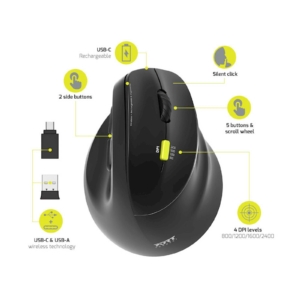 PORT Connect 900706-BT | Ergonomska Polnilna Brezžična Miška | Bluetooth In 2.4 GHz | USB-A In USB-C | 1600 DPI | Črna Miška