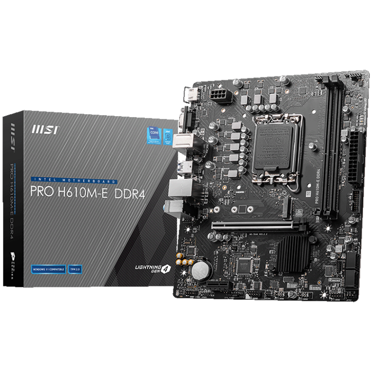 Msi pro h610m-e | ddr4 | micro-atx | lga 1700 | hdmi vga 2xusb3. 2 4xusb2. 0 | matična plošča 1 Msi pro h610m-e ddr4, micro-atx, socket 1700, dual channel ddr4 3200(oc)mhz, 1x pcie x16 slots, 1x m. 2 slots, 1x hdmi, 1 x vga, 2x usb 3. 2 gen 1, 4x usb 2. 0, komponentko