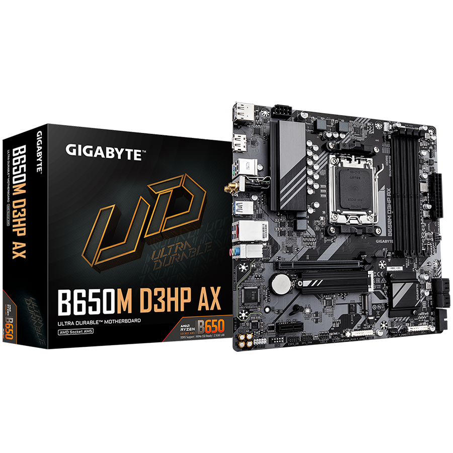 Gigabyte mainboard desktop b650m d3hp | am5 | hdmi 2xdisplayport | 2. 5gbe lan | matx | matična plošča 1 Gigabyte mainboard desktop b650m d3hp (am5, 4xddr5, 1xhdmi, 2xdp, 2. 5gbe lan, wi-fi 6e 802. 11ax, matx, retail) komponentko