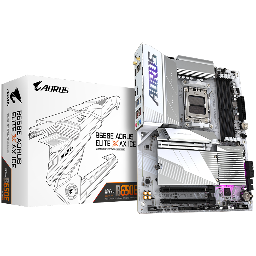 Gigabyte mainboard desktop b650e a elite x ice | am5 | atx | ddr5 | bela matična plošča 1 Gigabyte mainboard desktop b650e a elite x ice (am5, 4xddr5 192gb, 1x pci-e 4. 0 x16x16, 2x pci-e 3. 0 x16x1, 4x sata, 3x m. 2 pcie 4. 0, 2. 5gbe lan, atx, retail) komponentko