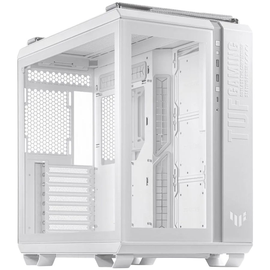 Asus tuf gaming gt502 plus | atx | bela | kaljeno steklo | računalniško ohišje 1 Asus tuf gaming gt502 plus atx gaming ohišje bele barve, dual chamber chassis, panoramic view, tempered glass front and side panel, tool-free side panels, pre-installed 4 argb fans & fan hub, front panel high-speed usb type-c komponentko