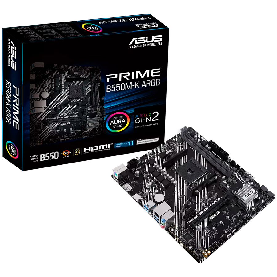 Asus prime b550m-k argb | am4 | matx | displayport hdmi | aura sync | matična plošča 1 Asus prime b550m-k argb am4 matx matična plošča – amd b550 2xdimm ddr4 2xm. 2 4xsata pcie 4. 0 1gb ethernet 1xdisplayport 1xhdmi with aura sync komponentko