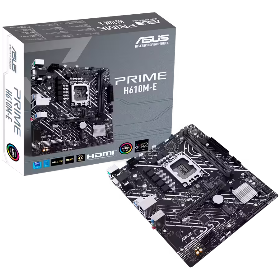 Asus prime h610m-e-csm | lga 1700 | matx | d-sub hdmi displayport | aura sync | matična plošča 1 Asus prime h610m-e-csm lga1700 matx osnovna plošča – intel h610, 2xddr5, 2xm. 2, 4xsata, 1gb lan, 1xd-sub(vga), 1xdp, 1xhdmi, aura sync komponentko