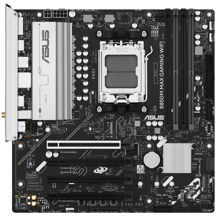 Asus b850m max gaming wifi | am5 | matx | ddr5 | aura sync | matična plošča 1 Asus b850m max gaming wifi am5 matx osnovna plošča – amd b850, 4xddr5, 3xm. 2, 4xsata, 1gb lan, wifi 6, bt, 1xdp, 1xhdmi, aura sync komponentko