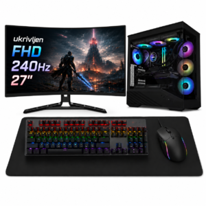 Komponentko Gaming Elite RX 9070 XT | Ryzen 7 7700X 32GB 2TB NVMe | Vodno Hlajenje | 27″ FHD 240Hz Ukrivljen Monitor In Kompo Gear Set | Gaming Komplet