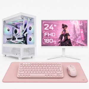 Komponentko Gaming Core RTX 5050 | Ryzen 5 5500 | 16 GB RAM | 1 TB NVMe | 24″ FHD 180Hz | Bel Komplet S Pastelno Roza Logitech Periferijo | Cenovno Ugoden Namizni Gaming Računalnik