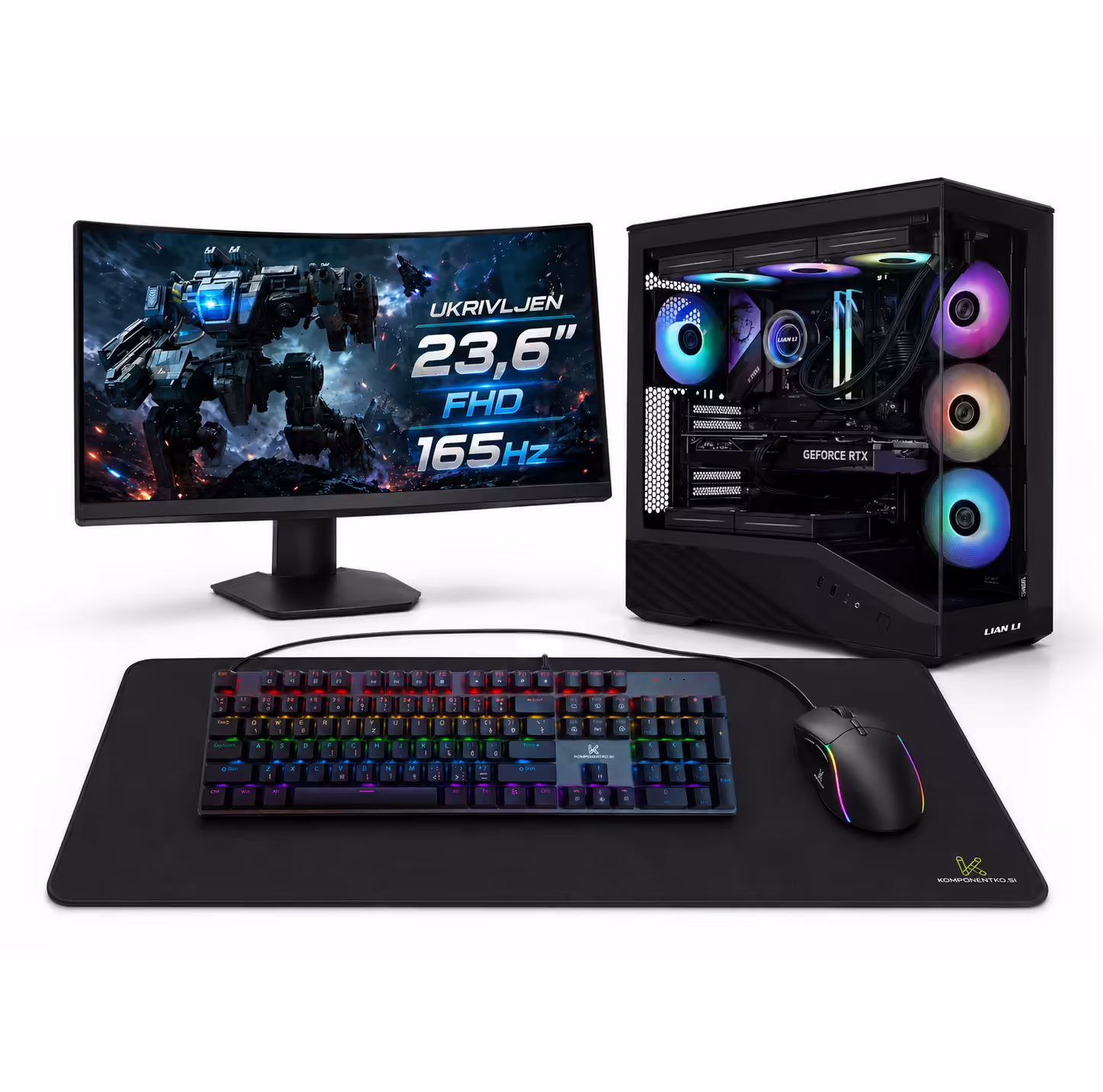 Komponentko gaming elite rtx 5070 | intel core i7-12700k | 32 gb ram | 1 tb nvme | vodno hlajenje | 34″ uwqhd 175hz ukrivljen monitor | kompo gear tipkovnica miška in podloga | gaming računalniški komplet 5 Komponentko gaming komplet z računalnikom, monitorjem, tipkovnico in miško