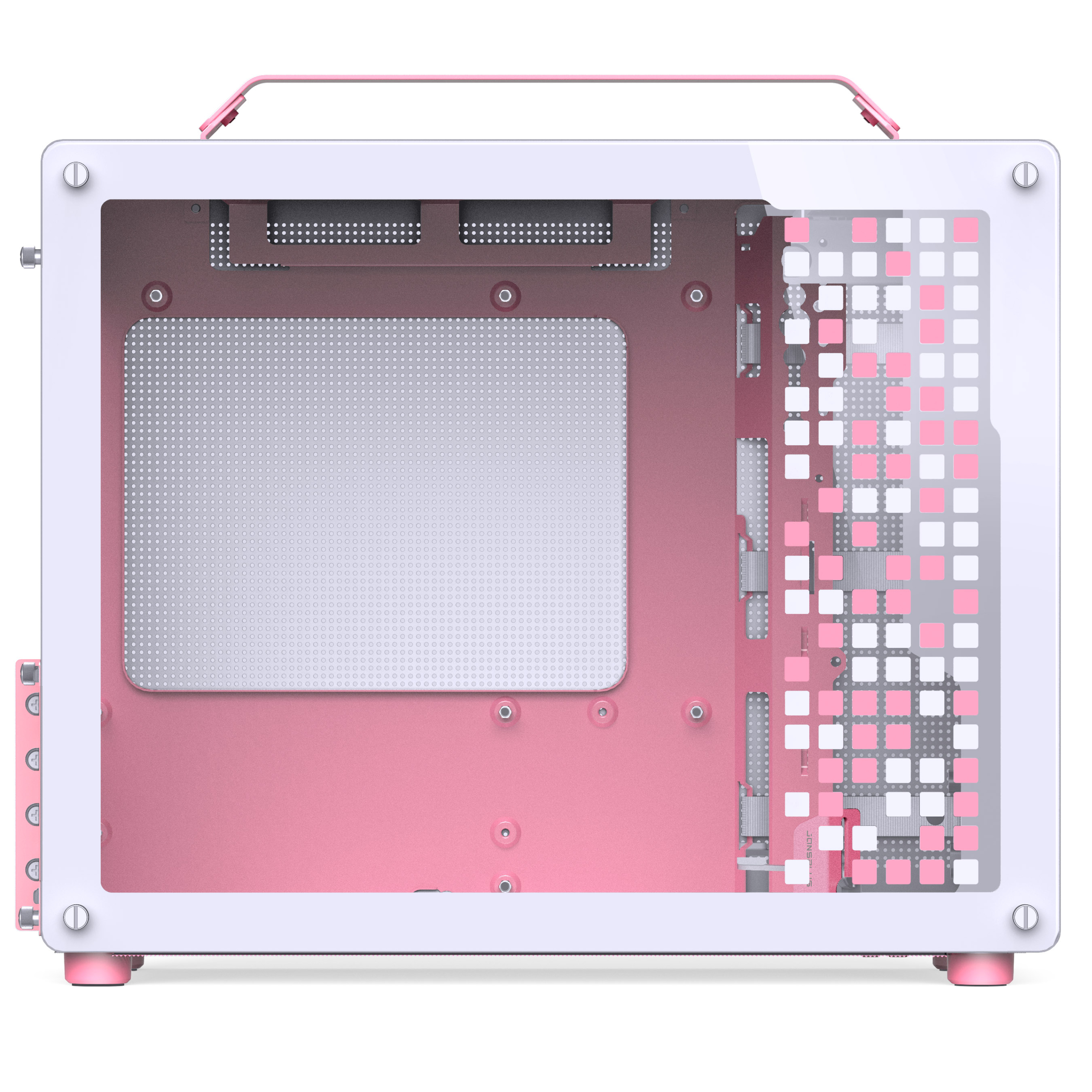Jonsplus z20 | micro-atx | bela roza | kaljeno steklo | računalniško ohišje z ročajem 1 Jonsplus z20 micro-atx gehäuse, mit tragegriff – weiß/pink
komponentko