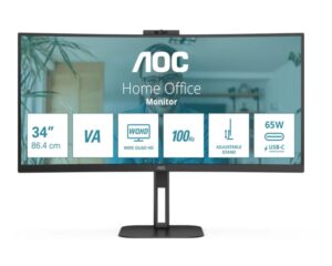 AOC CU34V5CW/BK | 34 Palčni UWQHD Monitor | 100Hz VA 1500R Curved | USB-C 65W HDMI DP Webcam | Monitor