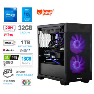Računalnik MEGA MT S7X i7-12700K | RTX 5060 Ti 16GB | 32GB | 1TB | Brez OS | Črna RGB + Estetski Napajalni Kabli | Vodno Hlajenje | Gaming Računalnik
