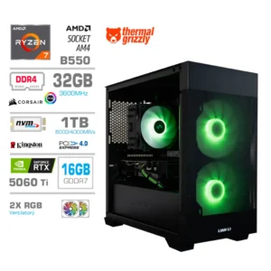 MEGA MT S7X R7-5800X | RTX 5060 Ti | 32GB | 1TB | 750W | Brez OS | Črna RGB | Estetski Napajalni Kabli | Vodno Hlajenje | Gaming Računalnik