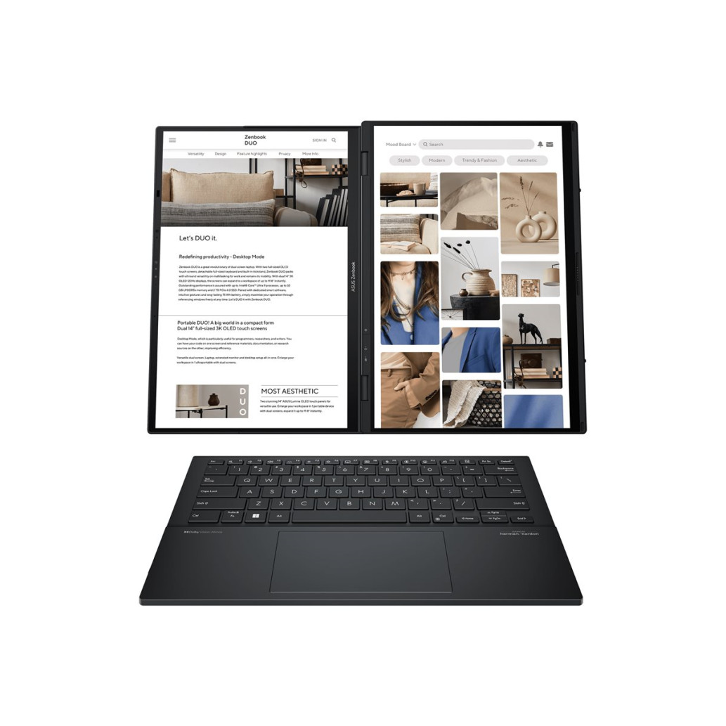 Prenosnik asus 2x 35,5 cm (14,0″) zenbook duo 14 oled 2880×1800 oled na dotik 500nit 120hz ultra 7-155h/32gb/ssd1tb/bl/pisalo/intel arc/win11home (90nb12u1-m00jx0) komponentko