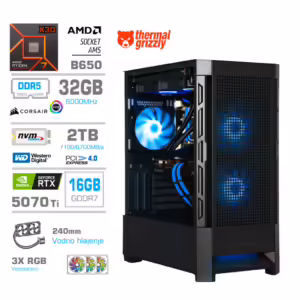 MEGA MT S8 | AMD Ryzen 7 7800X3D | NVIDIA GeForce RTX 5070 Ti 16GB GDDR7 | 32GB DDR5 2TB NVMe | Črna RGB Svetlo Modri Kabli | Gaming Računalnik
