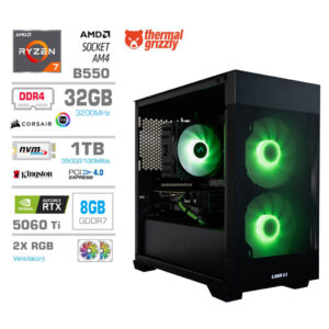 Računalnik MEGA MT S7X R7-5700X | RTX 5060 Ti | 32GB | 1TB | 750W | Brez OS | Črna RGB + Estetski Napajalni Kabli | Zračno Hlajenje | Gaming Računalnik
