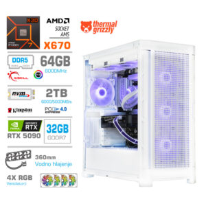 MEGA TWR S11 RTX 5090 | R7 7800X3D | 64GB | 2TB | 1050W | Brez OS | Bela RGB | Vodno Hlajenje | Gaming Računalnik