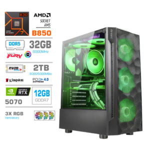 MEGA MT S7 | Ryzen 7 7800X3D | GeForce RTX 5070 12GB | 32GB DDR5 2TB NVMe | 750W RGB Zelena/Črna Brez OS | Gaming Računalnik