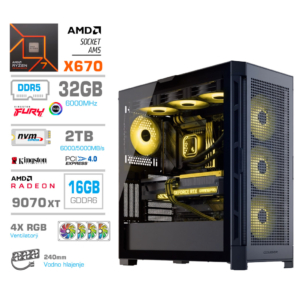 MEGA TWR S11 R7-9700X | RX 9070 XT | 32GB DDR5 | 2TB | 1050W | Brez OS | Črna RGB | Estetski Napajalni Kabli | Vodno Hlajenje | Gaming Računalnik