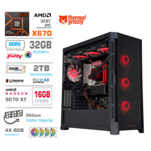 MEGA TWR S11 RX 9070 XT | R7 7800X3D | 32GB | 2TB | 1050W | Črna RGB | Vodno Hlajenje | Gaming Računalnik