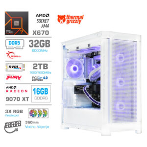 Računalnik MEGA TWR S11 R7-7700X | RX 9070 XT | 32GB | 2TB | 1050W | Brez OS | Bela RGB + Estetski Napajalni Kabli | Vodno Hlajenje | Gaming Računalnik