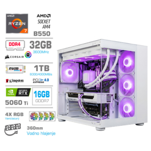 MEGA MT S5 R7-5700X | RTX 5060 Ti 16GB | 32GB DDR4 | 1TB | 750W | Brez OS | Bela RGB | Estetski Napajalni Kabli | Bel Gaming Računalnik