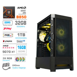 MEGA MT S8 R7-9700X | RX 9070 XT | 32GB DDR5 | 2TB | 750W | Brez OS | Vodno Hlajenje | Črna RGB | Estetski Napajalni Kabli | Gaming Računalnik