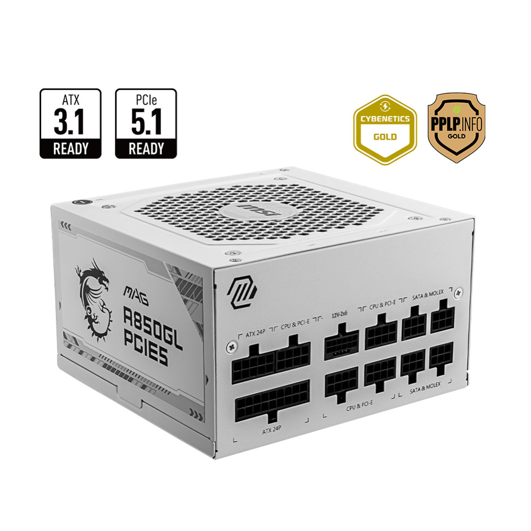 Msi mag a850gl | 850w | 80plus gold | bela | 30919872 | modularni napajalnik 1 Napajalnik – 850w msi mag a850gl 80plus gold 90% komponentko3. 1 (gen5) modular 120mm bela (30919872)
