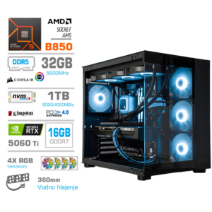 MEGA MT S5 Ryzen 5 9600X | RTX 5060 Ti 16GB | 32GB | 1TB | 750W | Brez OS | Črna RGB | Estetski Napajalni Kabli | Gaming Računalnik
