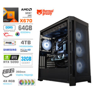 MEGA TWR S11 RTX 5090 | R9 9950X | 64GB | 4TB | Črna RGB | Vodno Hlajenje | Gaming Računalnik