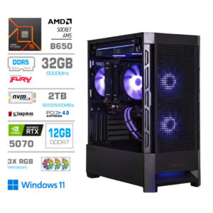 MEGA MT S8 R5-9600X | RTX 5070 | 32GB | 2TB | 750W | W11H | Vodno Hlajenje | Črna RGB + Estetski Napajalni Kabli | Gaming Računalnik