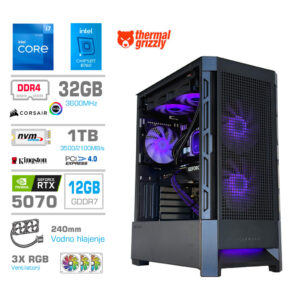 Računalnik MEGA MT S8 i7-12700K | RTX 5070 | 32GB | 1TB | 750W | Brez OS | Črna RGB + Estetski Napajalni Kabli | Vodno Hlajenje | Grafična Kartica