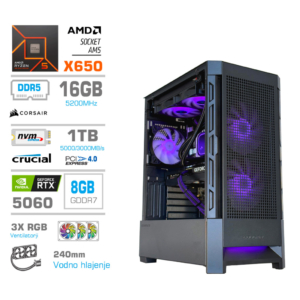 Mega MT S8 | Ryzen 5 9600X RTX 5060 | 16GB DDR5 1TB NVMe 750W | Črna RGB Vijolično-Črni Kabli | Gaming Računalnik