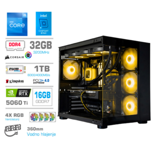 MEGA MT S5 i5-12600K | RTX 5060 Ti 16GB | 16GB | 1TB | 750W | Brez OS | Črna RGB | Estetski Napajalni Kabli | Gaming Računalnik