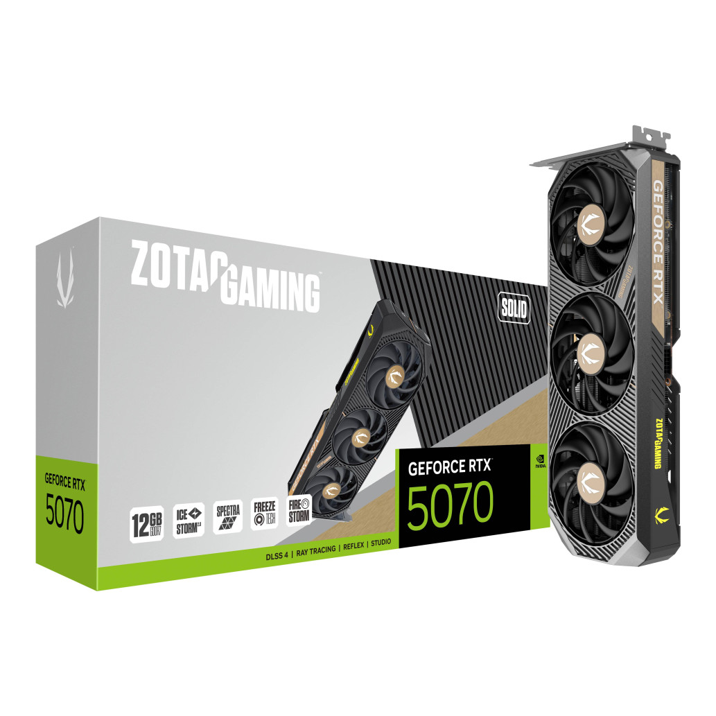 Zotac rtx 5070 solid gaming 12gb | gddr7 | zt-b50700d-10p | zmogljiva grafična kartica 1 Grafična kartica nvidia rtx5070 zotac solid gaming – 12gb gddr7 (zt-b50700d-10p) komponentko