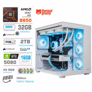 MEGA MT S5 | AMD Ryzen 7 7800X3D | NVIDIA GeForce RTX 5080 16GB | 32GB DDR5 2TB NVMe | Bela RGB In Modro-Beli Kabli | Gaming Računalnik