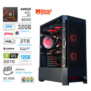 MEGA MT S8 R7-7700X | RTX 5070 | 32GB | 2TB | 750W | Brez OS | Črna RGB + Estetski Napajalni Kabli | Vodno Hlajenje | Gaming Računalnik