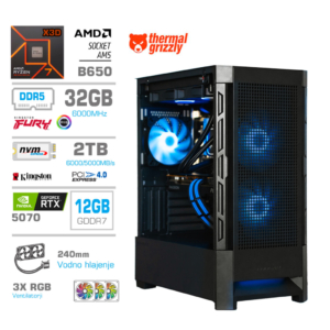 MEGA MT S8 | AMD Ryzen 7 7800X3D + GeForce RTX 5070 12GB | 32GB DDR5 + 2TB NVMe | 750W Brez OS | Črna RGB S Svetlo Modrimi/Črnimi Kabli | Gaming Računalnik
