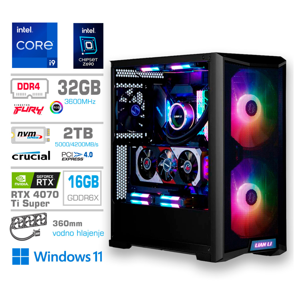 Računalnik mega twr s10 i9-13900k/rtx4070ti super/32gb/2tb-4. 0/1000w/win11home/črna rgb komponentko