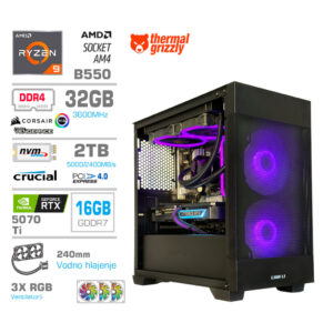 MEGA MT S7X RTX 5070 Ti | R9-5950X | 32GB | 2TB | 750W | Vodno Hlajenje | Črna RGB + Estetski Napajalni Kabli | Gaming Računalnik