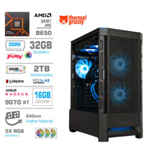 MEGA MT S8 RX 9070 XT | R7-7700X | 32GB | 2TB | 750W | Brez OS | Črna RGB | Estetski Napajalni Kabli | Vodno Hlajenje | Gaming Računalnik