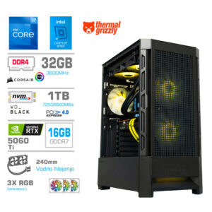 MEGA MT S8 RTX 5060 Ti | i7-12700K | 32GB | 1TB | 750W | Brez OS | Črna RGB | Vodno Hlajenje | Estetski Napajalni Kabli | Gaming Računalnik