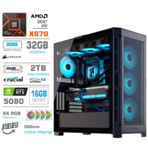 MEGA TWR S11 | AMD Ryzen 7 7800X3D | NVIDIA GeForce RTX 5080 16GB GDDR7 | 32GB DDR5 + 2TB NVMe | 1050W 80 Plus Gold | Črna RGB + Svetlo Modri/Črni Kabli | Gaming Računalnik
