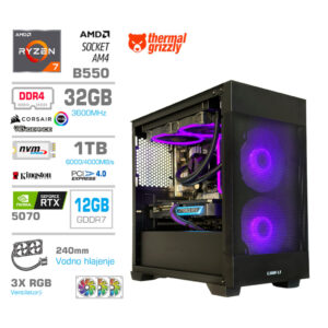 MEGA MT S7X R7-5700X | RTX 5070 | 32GB | 1TB | 750W | Črna RGB + Estetski Napajalni Kabli | Vodno Hlajenje | Gaming Računalnik