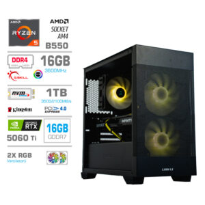 MEGA MT S7X RTX 5060 Ti | R5-5600X | 16GB | 1TB | 750W | Brez OS | Črna RGB | Estetski Napajalni Kabli | Zračno Hlajenje | Gaming Računalnik