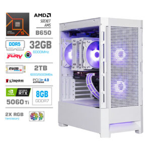 MEGA MT S8 R5-9600X | RTX 5060 Ti | 32GB | 2TB | 750W | Zračno Hlajenje | Brez OS | Bela RGB | Gaming Računalnik
